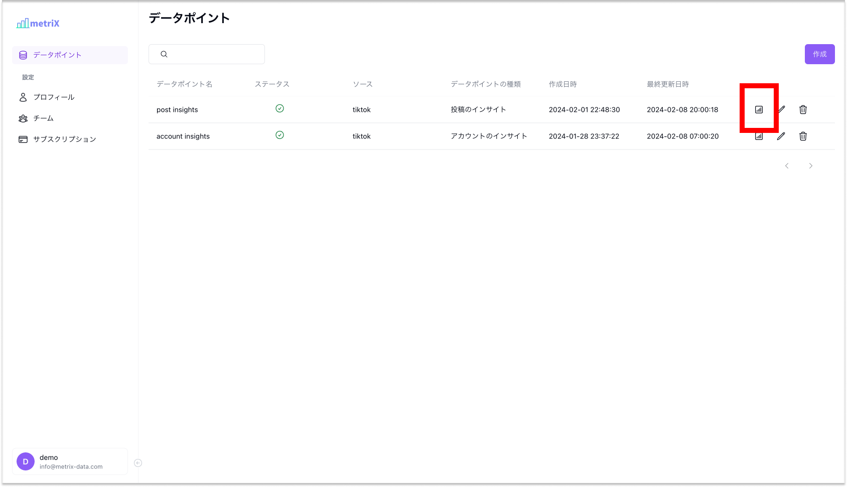 データポイントのレポートボタンをクリックします